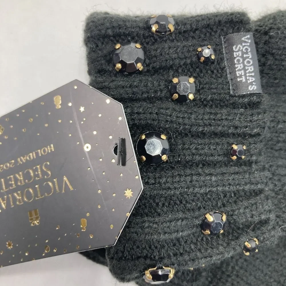 Victoria Secret Gloves Mittens Black Bling Gem Sparkle Knit Soft Glam Winter NWT
